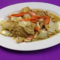 Curry Chicken · Sliced white chicken breast sauteed with onions, garlic, carrots, curry sauce with a splash ...