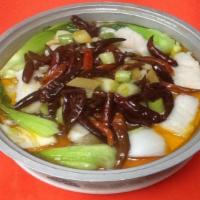 Szechuan House Fish Soup · Hot and very spicy. A fish soup with glass noodles, and baby bok choy covered in a fiery mal...