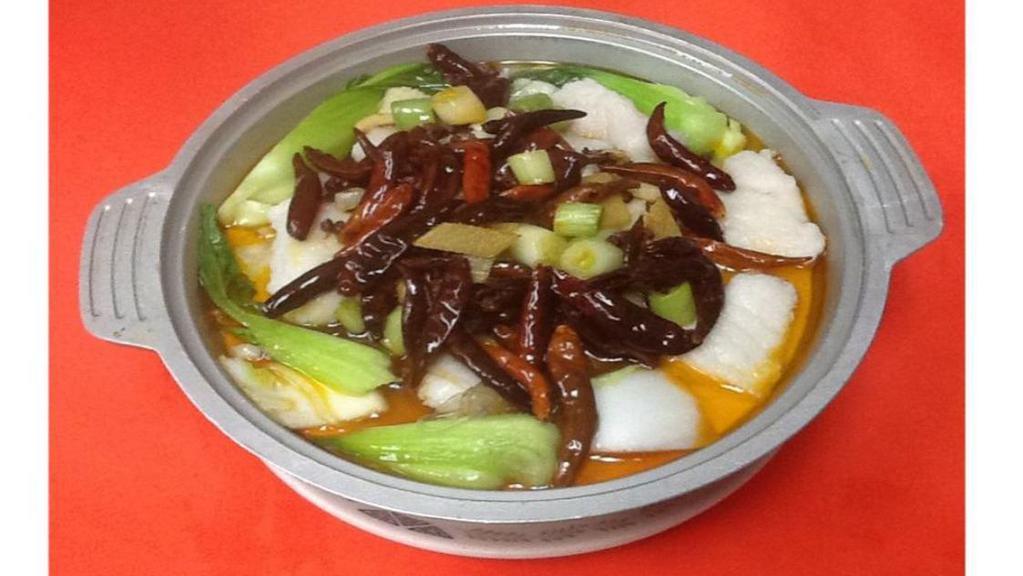 Szechuan House Fish Soup · Hot and very spicy. A fish soup with glass noodles, and baby bok choy covered in a fiery mala chili sauce.