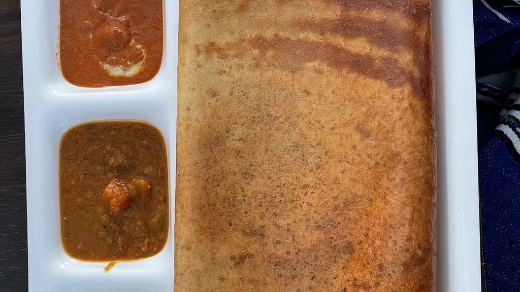 Masala Dosa · Dosa stuffed with flavored mashed potatoes and served with chutneys and sambar. Allergy Indicators: Dairy, Nuts