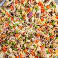 Chicken And Garlic Gourmet Pizza · Chicken, garlic, mushrooms, tomatoes, red and green onions and Italian herb seasoning on cre...