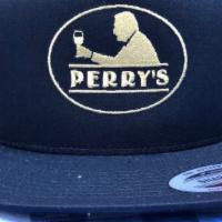 Perry's 50th Hat · Adjustable snap back trucker hat, black with gold font
