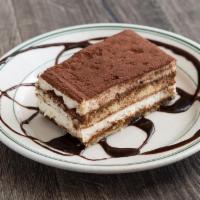 Tiramisu · Ladyfingers dipped in coffee, layered with a whipped mixture of eggs, sugar and mascarpone c...