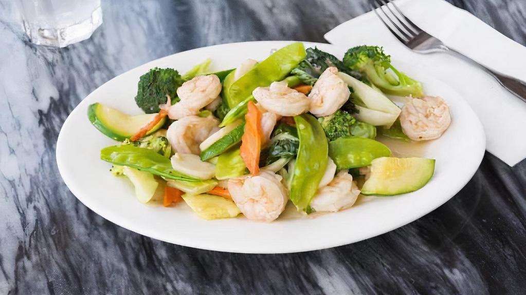 Prawns with Mixed Vegetables · Prawns sautéed with mixed fresh vegetables in a light garlic sauce.