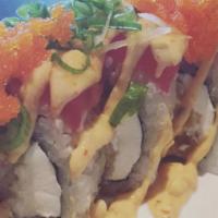 Dream Gina Roll · Shrimp tempura, cream cheese, avocado, unagi sauce, spicy mayo with green onion, masago, top...