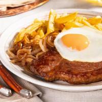 Bife a Cavalo  · (Beef with a fried egg on top) . Served with rice, beans, fries, tomato vinaigrette, and sal...