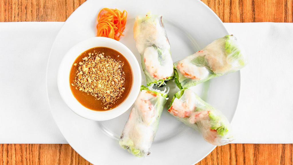 Fresh Spring Rolls (2pc) · Shrimp wrapped with rice paper, lettuce, mint, bean spouts, carrots, and vermicelli noodles served with peanuts sauce.