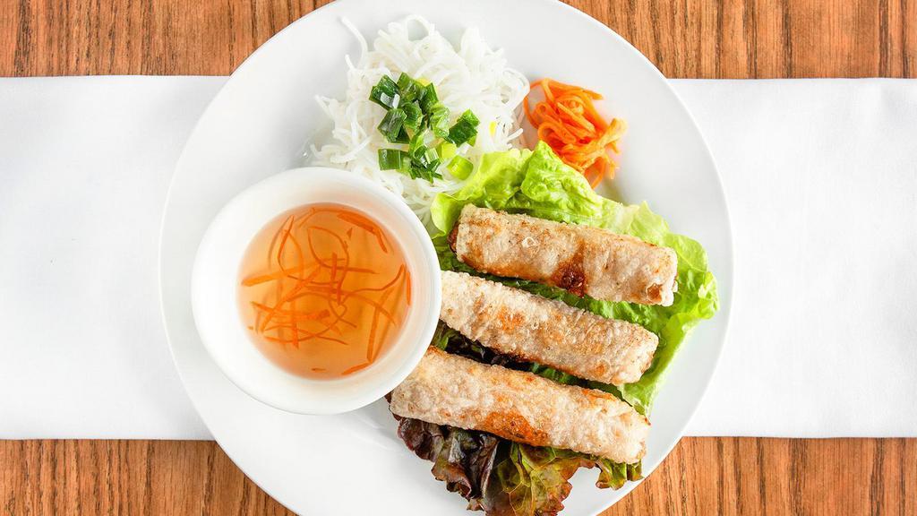 Imperial Rolls (3 rolls) · Shrimp, Pork, glass noodles, dried fungus, taro roofs, carrots, wrapped with rice paper,deep fried,  served with fish sauce