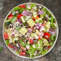 Greek Geek Salad · Lettuce, tomatoes, onions, bell peppers, cucumber, pepperoncini, kalamata olives, and feta c...