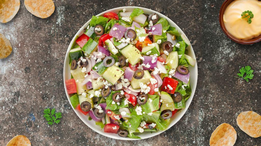 Greek Geek Salad · Lettuce, tomatoes, onions, bell peppers, cucumber, pepperoncini, kalamata olives, and feta cheese.