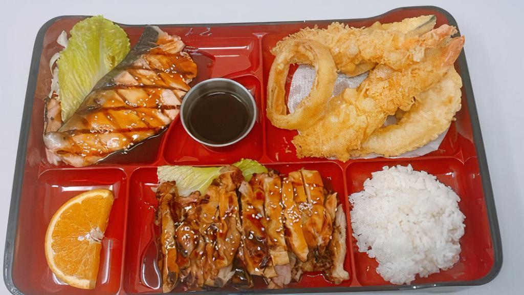 3 Items bento  · Please choose 3 different items for your choices. Any same repeated items 4 dollar extra charge.