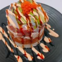 Kiseki Sushi Tower · Tuna, Salmon, Hamachi, Scallop, Avocado, Real crab, Spicy tuna & Sushi Rice