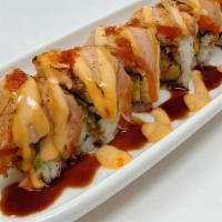 Love Roll · In:  Tempura Shrimp, Avocado & Cucumber. Top:  Seared Salmon with house special sauce