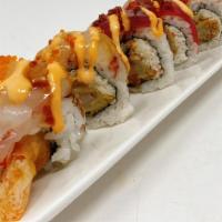 A's Special Roll · In:  Tempura Shrimp, Real crab, Cucumber Top: Tuna, Salmon, Hamachi & Ama-Ebi with chef spec...