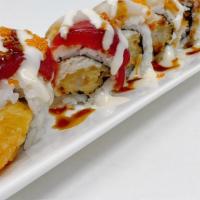 Candy Cane Roll · In : Tempura Shrimp, Real Crab & Cucumber Out : Tuna, Escola & Tobiko with special sauce