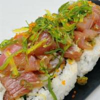 Kiseki Poki Roll  · In : Spicy Tuna & Cucumber Out : Tuna poki, Seaweed Salad with Tobiko