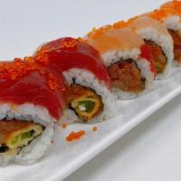 Bushido Roll · Spicy.  In:  Spicy Tuna, Tempura Jalapeño & Unagi Top:  Assorted fishes & Tobiko