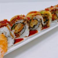 Dragon Roll · In : Tempura Shrimp & Cucumber Out: Unagi & Avocado with eel sauce