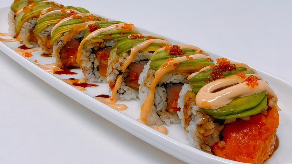 Lambada Roll · Spicy.  In: Spicy Salmon & Tuna Out : Avocado & Tobiko with house sauce