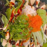 Mixed Poke Bowl · Tuna, salmon, Hamachi, Real crab, Avocado, cucumber, seaweed salad, tobiko, sushi rice and s...