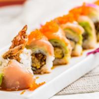 Meiko Jumbo · Spicy. In: shrimp tempura, unagi and cucumber. Out: tuna, avocado, tempura crumbs with unagi...