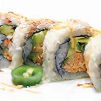 Fire Cracker · Spicy. In: spicy crab, cucumber and avocado. Out: tempura crumbs, spicy mayo and unagi sauce.