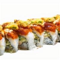 Hoppin Jalapeño · Spicy. In: crabmeat, cucumber, and tempura crumbs. Out: spicy tuna, deep fried jalapeño chip...