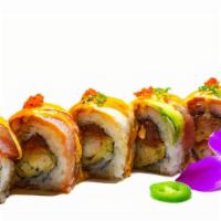 Flaming Hot · Spicy. In: shrimp tempura, spicy tuna, and cucumber. Out: tuna, albacore, avocado, spicy may...