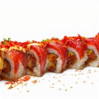 Red Dragon · Spicy. In: spicy tuna and shrimp tempura. Out: tuna, beet crumbs, tobiko, green onion with u...