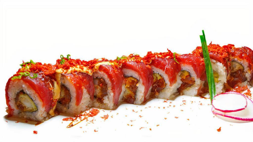 Red Dragon · Spicy. In: spicy tuna and shrimp tempura. Out: tuna, beet crumbs, tobiko, green onion with unagi sauce.