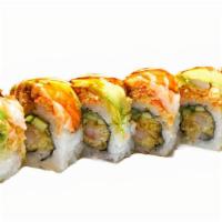 Shrimp Tornado · Spicy. In: shrimp tempura and cucumber. Out: spicy crab, ebi, avocado with spicy mayo and un...