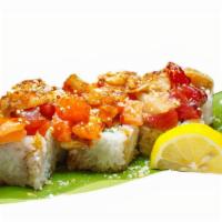 Wow · In: shrimp tempura and cucumber. Out: poki mix with carpaccio sauce, spicy mayo, macadamia n...