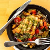Harvest Bowl · Mixed grains, on a bed of pesto tossed red cabbage, roasted bell peppers, onion, zucchini, y...