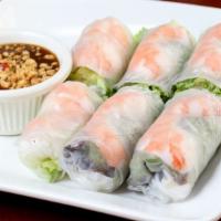 Fresh Rolls · Soft rice paper rolls filled with silver noodles, bean sprouts, lettuce, and mint leaves.
