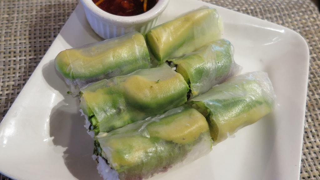 Avocado Rolls · Soft rice paper rolls filled with silver noodles, bean sprouts, lettuce, and mint leaves.