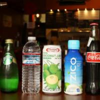 Cans · Coke, Diet Coke, Sprite, sanpellegrino, coconut juice w pulp.