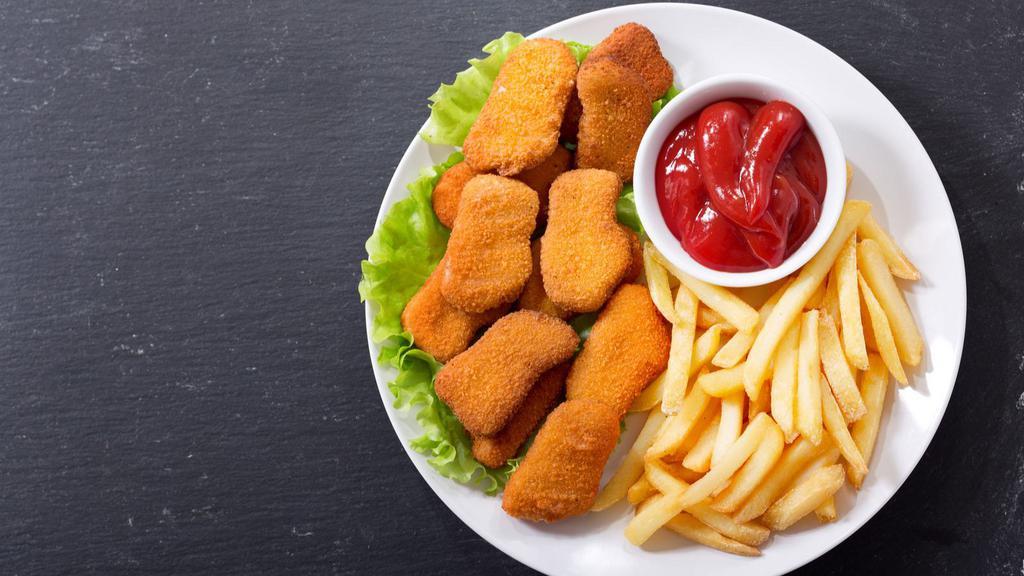 Chicken Nuggets · Eight pieces of golden crispy chicken nuggets. Served with French fries.