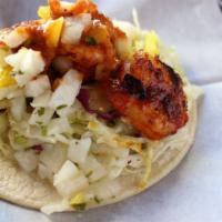 *Shrimp Taco · Grilled Shrimp, Cabbage Slaw, Roasted Ancho Salsa, & Mango Jicama Salsa