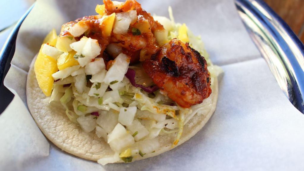 *Shrimp Taco · Grilled Shrimp, Cabbage Slaw, Roasted Ancho Salsa, & Mango Jicama Salsa