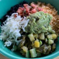 *Vegetarian Burrito/Bowl · Seasonal Grilled Veggies, Cheese, Mexican Rice, Pinto Beans, Pico de Gallo & Guacamole