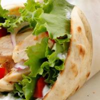 Chicken Gyro · Boneless chicken marinated in our special sauce mixed with veggies top with tzatziki sauce.