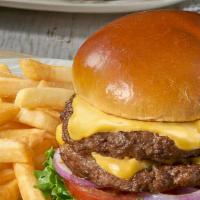 Double Cheese Burger · Ground beef 2 patties grilled & served with cheese, lettuce, tomatoes & onions.