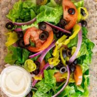 Garden Salad · Romaine lettuce, tomatoes, red onion, pepperoncini, and black olives.
