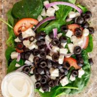 Spinach Salad · Spinach with tomato, feta cheese, and black olive.