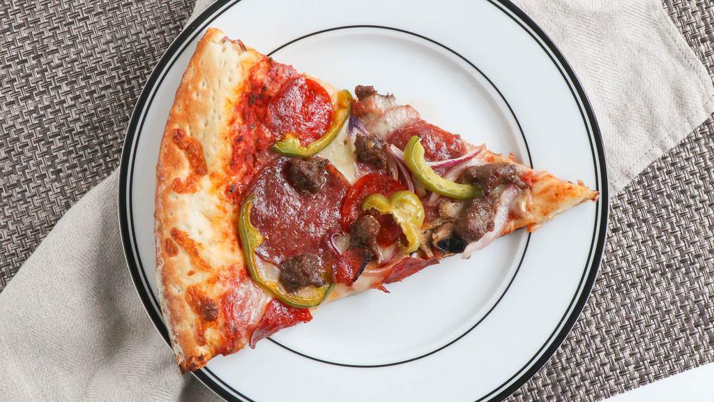 01. Chico's Special · Bell peppers, mushrooms, onions, pepperoni, salami and sausage.