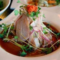 Albacore Tataki · Seared White Tuna with Shichimi in Ponzu Sauce, Fresh Seaweed, Onions, Kaiware, Spicy Radish...