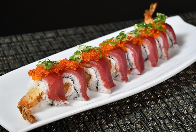 King Dragon · Shrimp tempura with crab meat topped with fresh tuna and tobiko