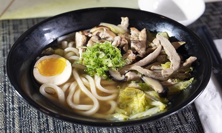Chicken Udon/D · Chicken Breast Strips, Thick Wheat-Flour Noodle, Vegetable and Chopped Green Onion in the Broth