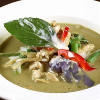 Gaeng Keaw Wan (Green Curry) · Spicy green curry, coconut milk, eggplants, green beans, sweet basil and bell pepper. Rice n...