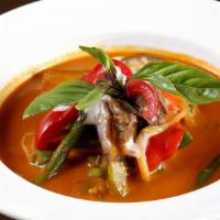 Gaeng Deang (Red Curry) · Red curry paste, coconut milk, eggplants, green beans, bamboo shoots, sweet basil  and bell ...